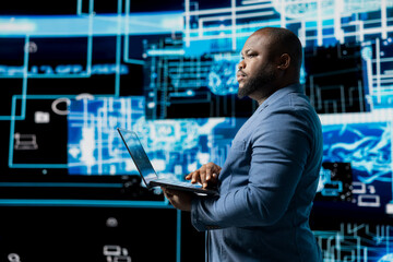 African american IT engineer works in AI ethics and neural networks, virtual intelligence brain...