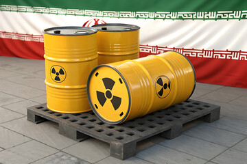 Iran nuclear program concept yellow barrels with radiation symbol and iran flag background illustration