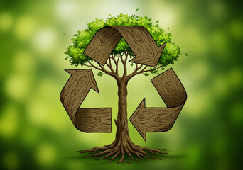 An illustration shows a tree shaped like the recycle symbol, set against a soft green bokeh background