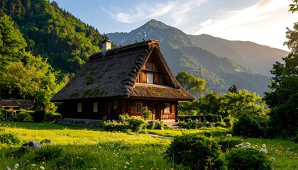 Obraz premium Rustic mountain cabin nestled in valley