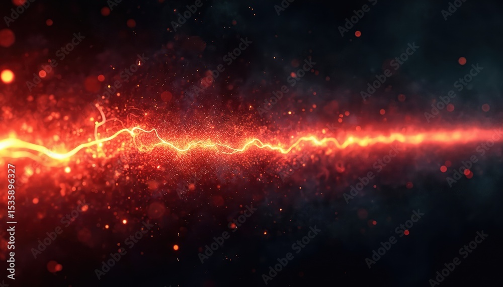 Poster dynamic digital illustration of a red glowing energy line against a dark black background. abstract 