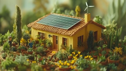 Miniature yellow house with garden, solar panels, and tiny figures