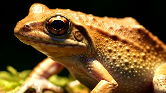 Closeup view of a small brown frog with golden eyes