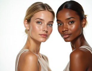 Two women, diverse beauty. One blonde with blue eyes black skin. Natural make-up, neutral background. Friendship, skin health, beauty, self-care, body positivity. Ideal for cosmetics, fashion tech.