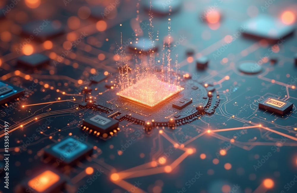 Aufkleber Abstract tech background shows digital data Internet infrastructure concept. 3D render of central processing unit CPU on motherboard. Futuristic high tech information transfer, cloud computing,