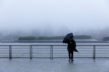 Person walking along the windy and rainy waterfront in New York City