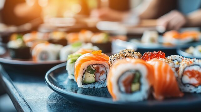Fresh sushi rolls on dark plates, various types