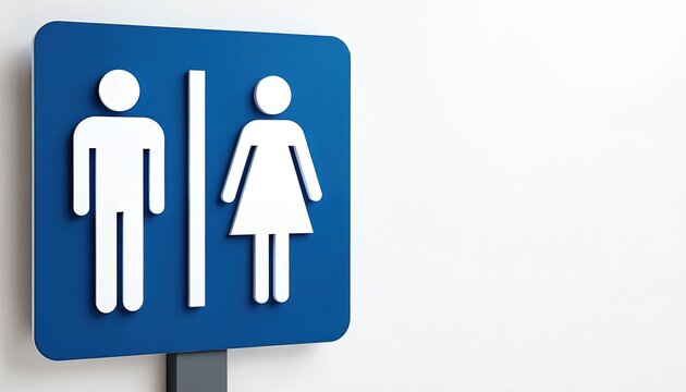 Blue restroom sign with male female figures. Indicating public restroom location, bathroom, toilet. Guidance symbol for facilities in building, office, restaurant, hotel, airport, shopping mall.