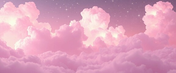 Fototapeta premium Traumhafte rosa Wolkenlandschaft im Himmel, weich und fluffig wie Zuckerwatte – ideal für romantische, fantasievolle oder kindliche Designs.