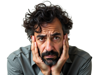 A middle-aged Middle Eastern man, looking stressed and holding his head,stress,angry,eyes