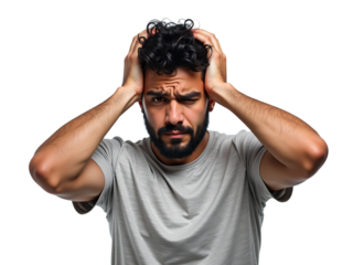 A middle-aged Middle Eastern man, looking stressed and holding his head,face,head,casual