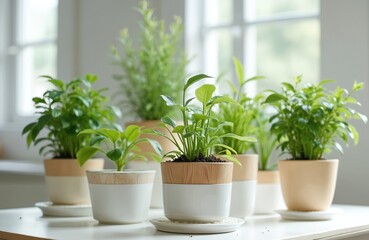 Fototapeta premium Hydroponic plants growing in modern pots on table. Green leaves, organic greenery. Home decor, fresh food, healthy lifestyle. Indoor gardening, urban farming, eco-friendly concept.