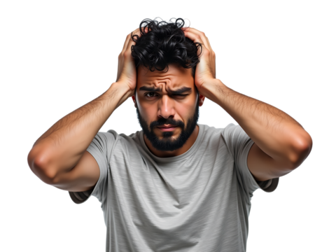 A middle-aged Middle Eastern man, looking stressed and holding his head,face,head,casual
