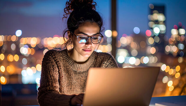 Focused young woman working on laptop at night by city window with glasses reflecting screen and colorful bokeh lights