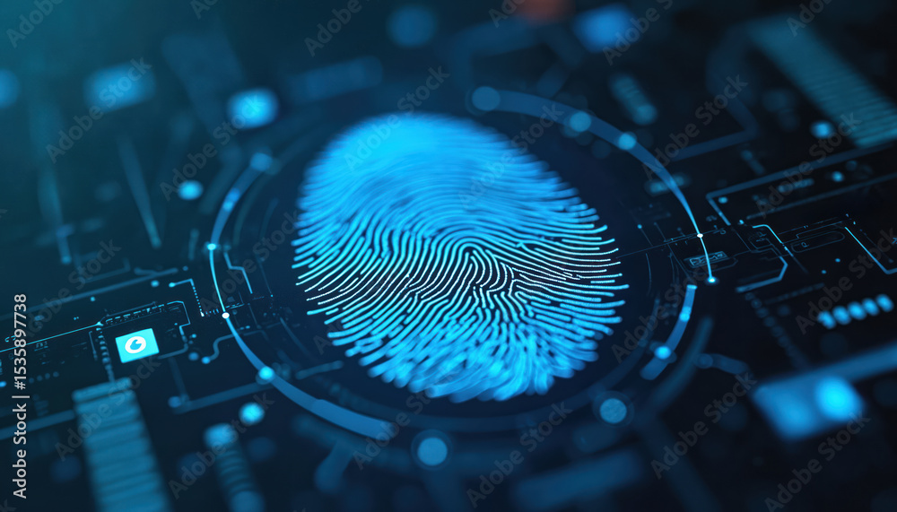 Poster Digital fingerprint against blue tech background with data elements. Biometric tech security concept with network, data encryption, futuristic design. Modern innovation.