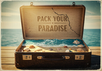 Packed Suitcase Featuring a Miniature Beach Theme With Waves and Seashells
