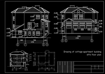 Vector architectural engineering construction
private residential building drawing,
attic floor plan, dimensional lines. Industrial design
on sheet of paper. Blueprint of multistory
suburban cottage.