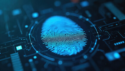 Digital fingerprint against blue tech background with data elements. Biometric tech security concept with network, data encryption, futuristic design. Modern innovation.