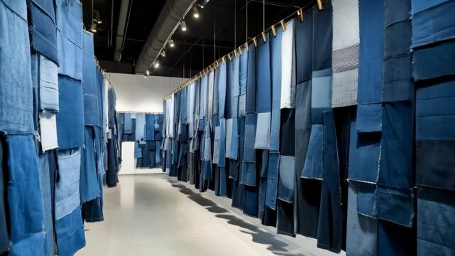 Hallway exhibition showcasing denim fabric swatches hanging from clotheslines forming vertical curtains in an art gallery setting with contemporary feel.