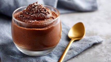 Rich Chocolate Mousse in Glass Bowl with Gold Spoon
