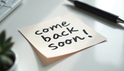 Sticky note saying Come Back Soon message. White desk background. Pen stationery near. Reminder for return, positive thought, friendly communication in modern office, welcoming scene. Perfect for