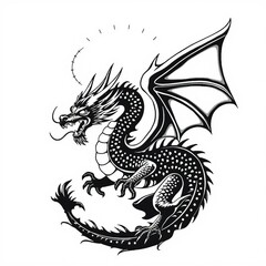 Fototapeta premium Klassische Schwarz-Weiß-Zeichnung eines asiatischen Drachen mit Flügeln und geschwungenem Körper – ideal für Fantasy, Tattoo oder Print.