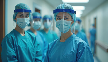 Medical team in full protective gear stands in hospital corridor. Doctors nurses wear masks, face shields. Healthcare workers during pandemic. Safety, protection, clinical environment. Focus on