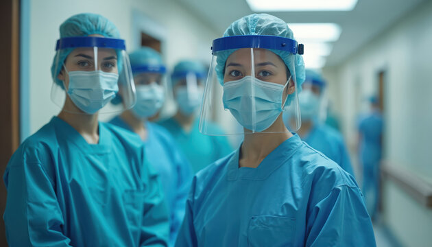 Medical team in full protective gear stands in hospital corridor. Doctors nurses wear masks, face shields. Healthcare workers during pandemic. Safety, protection, clinical environment. Focus on