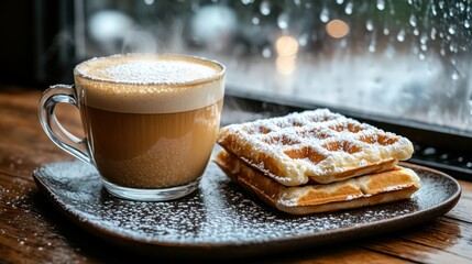 Warm coffee and waffles on a rainy day