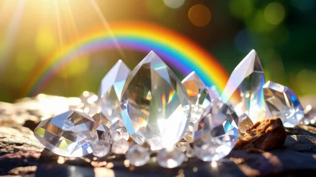 Collection of various clear cut crystals, gems, and minerals placed outdoors with a rainbow background on a sunny day