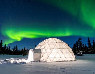 Igloo under aurora borealis