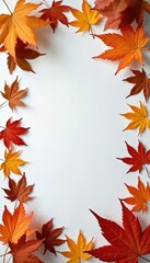 Fototapeta premium Autumn leaves frame on white background. Colorful maple leaves form boarder, edge, stationary. Orange, red, yellow foliage, dry leaves texture. Rustic autumn background with copy space.