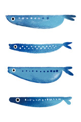 illustrator of blue fish cute sea animals painting for poster or nursery wall art, baby art Hand drawn on a transparent background.