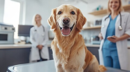 Golden retriever sits happily on a clean examination table in a veterinary clinic. Two smiling staff members are nearby, ready to provide care. The atmosphere is welcoming and friendly