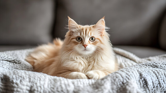 A beautiful, fluffy ginger cat resting comfortably on a soft grey blanket and couch.  - Powered by Adobe