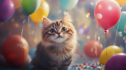 A cute, fluffy tabby kitten surrounded by colorful balloons and confetti. 