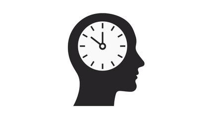 Head silhouette with a clock symbolizing decision-making and time management on a white background