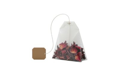 Single Hibiscus Tea Bag with Brown Label Dried Petals Visible.