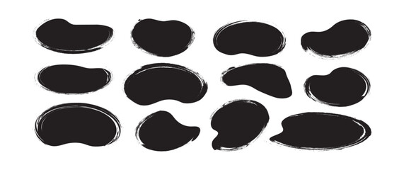 Brush paint shape, round grunge stain hand drawn, doodle sketch blob charcoal texture, black crayon organic form, rough ink spot, chalk scribble text box icon isolated on white bg. Vector illustration