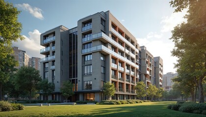 Modern multi-story university dorm building exterior. Apartment student residential campus housing facade with many windows. Urban college accommodation home hotel. Green lawn with trees. Sunny