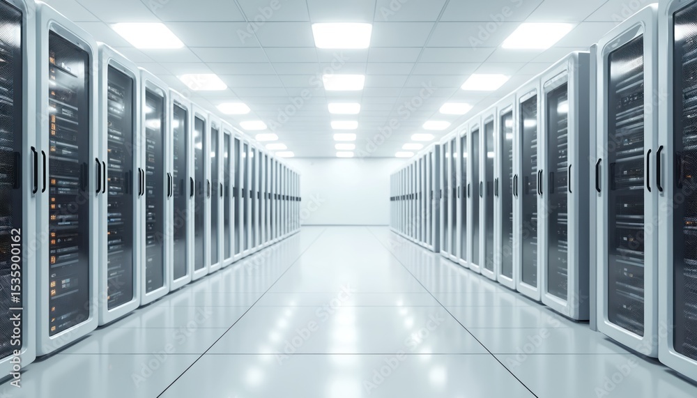 Poster Modern server room interior with rows of servers. Bright lights illuminate tech infrastructure, data storage, web hosting, cloud computing. Clean, organized space for data transfer, digital security.