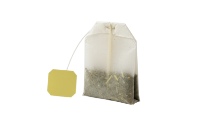 Single Tea Bag with Attached Label in Closeup View.