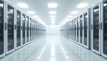 Modern server room interior with rows of servers. Bright lights illuminate tech infrastructure, data storage, web hosting, cloud computing. Clean, organized space for data transfer, digital security.
