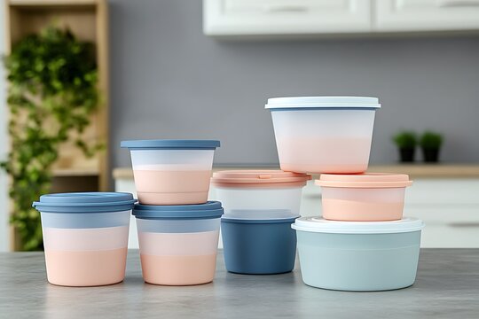 Colorful Reusable Food Containers in Kitchen Setting for Eco-Friendly Storage