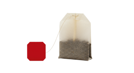 Single Tea Bag with Red Label Isolated on White.