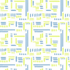 Seamless abstract pattern. Simple background with blue, lime, white. Lines, grid, dots. Digital brush strokes. Design for textile fabrics, wrapping paper, background, wallpaper, cover.