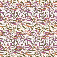 Seamless abstract textured pattern. Simple background with green, red, white texture. Digital brush strokes. Lines, dots. Design for textile fabrics, wrapping paper, background, wallpaper, cover.