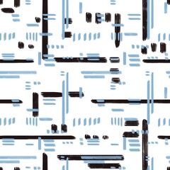 Seamless abstract pattern. Simple background with blue, black, white. Lines, grid, dots. Digital brush strokes. Design for textile fabrics, wrapping paper, background, wallpaper, cover.