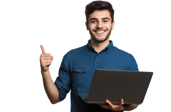  A young man in a blue shirt is smiling and holding a laptop, pointing at it. The image is isolated on a transparent background, in PNG format.  - Powered by Adobe