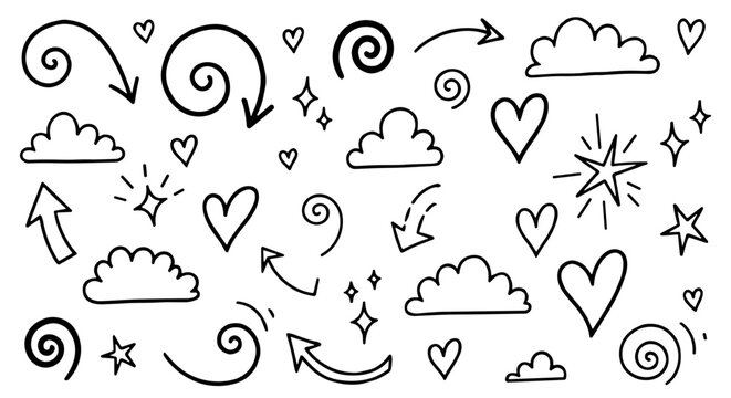 Set d&rsquo;&eacute;l&eacute;ments graphiques &ndash; fl&egrave;ches, c&oelig;urs, &eacute;toiles, nuages, spirales en style doodle, vectoriel AI, g&eacute;n&eacute;r&eacute; pour un design styl&eacute; sur fond transparent.